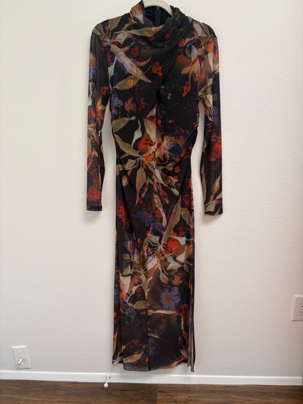 All Saints Black Floral Long Sleeve Cowl Neck Maxi Dress with Autumn Hues